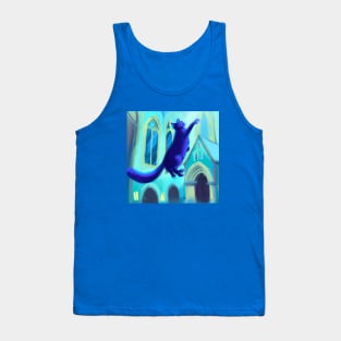 Blue Cat Jumps For Joy in Church Tank Top